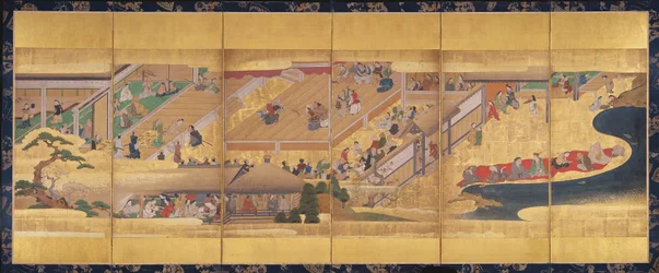 Hat hajtású képernyő Noh Play Funa-Benkei-vel, 1660 körül (színes, gofun, tinta és arany papíron)