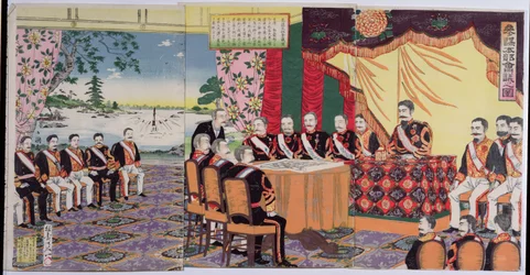 Mutsuhito császár (1852-1912) Haditanácsot tart, egy epizód a kínai-japán háborúból, 19. század végén (színes fatömbnyomat) (lásd még: 176842)
