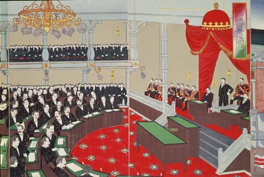 A tokiói parlament, tizenkilencedik század vége (színes fatömbnyomat)