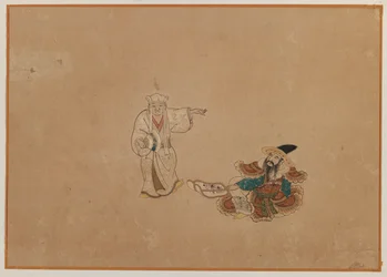 Két figura, albumlevél festmény (tintával és színes papíron)
