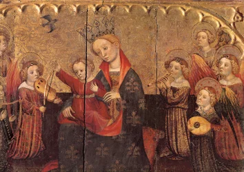 Rekesz egy oltárképből a Szűz és a Gyermek és angyal zenészekkel, 15. század eleje (tempera fán)