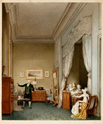 Habsburg-Lotaringiai Mária Louise császárné, a franciák császárnéja hálószobájában a római király születése után 1813-ban (metszet).