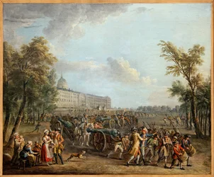 Fegyverfosztás az Invalidusoknál, a párizsiak, miután július 13-án birtokba vették a Garde Meuble-t, 1789. július 14-én megszállták az Invalidusokat, és elvittek 4 fegyvert és 34 000 fegyvert. Jean Baptiste Lallemand (1716-1803) festménye . Fényképészet, K