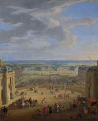 Francia: Vue perspective du château de Versailles sur la place d