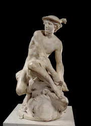 Merkúr felcsatolja szárnyas saruját, Jean-Baptiste Pigalle (1714-1785) márványszobra, 1744, Párizs, Musée du Louvre