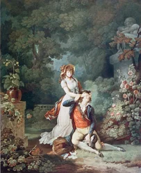 A meglepett szerető, vésette: Charles Melchior Descourtis (1753-1820) (színes metszet)