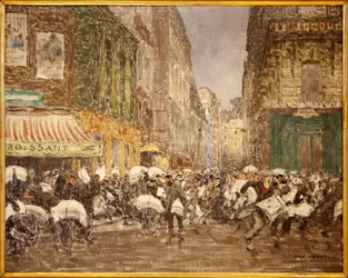 Az esti újságok megjelenése, rue du Croissant 1914-ben, Jean Louis (Jean-Louis) Lefort (1875-1954) festménye, amely a párizsi 2. kerület nagy részén hagyományosan működő sajtó tevékenységét mutatja, A cafe du Cr.