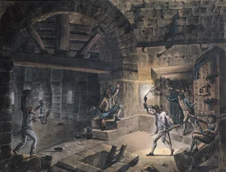 A Bastille egyik cellájának látképe a foglyok július 14-i szabadon bocsátásának pillanatában