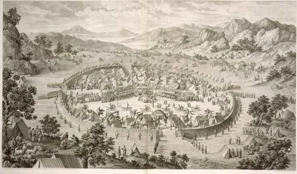Tchao-Hoei 1758-ban gyakorlatokkal és katonai játékokkal foglalja el csapatait, 5. tábla Qianlong, a kínai császár hódításait ábrázoló nyomatsorozatról, Pierre Philippe Choffard (1730-1809) metszetével, 1772 (metszet)