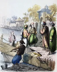 Mehmet Ali (1769-1849) érkezik Konstantinápolyba - 1828: Mehmet Ali megérkezik Konstantinápolyba (Isztambul, Törökország) 1846-os akvarell, Jean-Adolphe Beauce (1818-1875) francia festő készítette. Muhammad Ali pasa vagy Mehmet Ali; 1769 - 1849. Oszmán alb