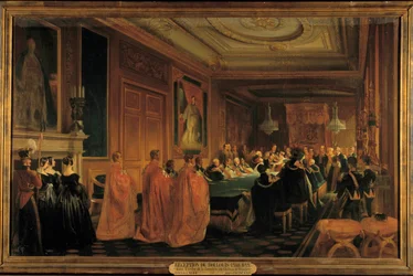 Viktória királynő (1819-1901) 1. Lajos Fülöp királyt (1773-1850) kapta lovagként a Jarretiere rendjében a windsori kastélyban