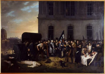 A júliusi áldozatok ideiglenes temetése a Louvre oszlopsor előtt
