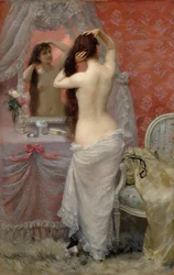 Fiatal meztelen nő, aki egy enteriőrben fésülködik, 1887
