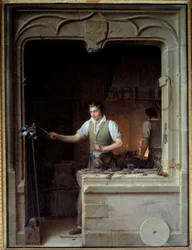 Egy lakatos megpróbálja elharapni az aktáját egy szajkónak Illusztráció Jean de La Fontaine meséihez. Jean Antoine Laurent (1763-1832) festménye 1829 V. 0,86x0,65 m - Lakatos, aki szajkót szeretne megharapni a fémreszelőjébe. Illusztráció Jean de La Fontai