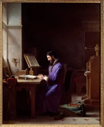 Johannes Gensfleisch Gutenberg (1400-1468) a nyomda feltalálója A német nyomdász a karakterek kezelésének képviselője az irodájában. Jean Antoine Laurent (1763-1832) festménye 1830 Grenoble, Musee des Beaux Arts