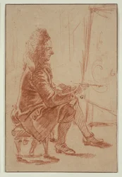 Egy parókás festő (valószínűleg Claude Audran), 1709 körül (vörös kréta, bordó papírra, krémszínű kartonra fektetve)