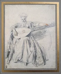 Egy lantos Ólombányát és vért rajzol Jean Antoine Watteau (1684-1721) 18. századi Chantilly múzeum Conde