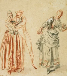 Jelenet a commedia dell"arte-ből: Egy lány, aki ellenáll egy komikus előrelépésének, és egy színésznő, aki lépést hajt végre, 1718 körül