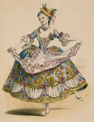 Az udvaronc vidéki jelmezbe öltözött a galante ünnepségen, Jean Antoine Watteau rajza alapján