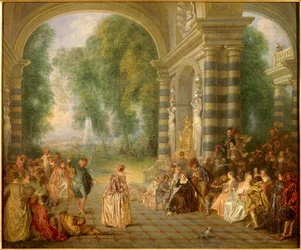 Les plaisirs du bal Jean Antoine Watteau festménye (1684-1721) 18. század V. 0,52x0,65 m London, Dulwich galéria - Pleasures of the Ball - Jean Antoine Watteau (1684-1721) festménye, olaj, vászon (52 x 65 cm)