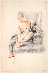 Fiatal meztelen nő, egyik lábát a kezében tartja, 1716-18
