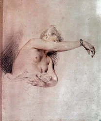 Meztelen nő, felemelt karral. Jean-Antoine Watteau (1684-1721) szangvinikus rajza, 18. század. 0,28 x 0,23 m. Párizs, Musée du Louvre