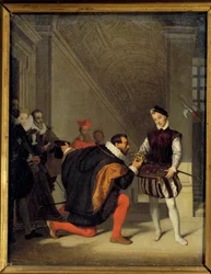 Don pedro de Toledo, II. Fülöp nagykövete, aki megcsókolja IV. Henrik kardját (1553-1610). Henri II lépcsőház a Louvre-ban. Jean Auguste Dominique Ingres (1780-1867) festménye 19. század V. 0,36x0,28 m - Don Pedro de Toledo, II. Philippe nagykövete,