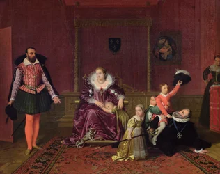 IV. Henrik (1553-1610) Franciaország és Navarra királya, aki gyermekeivel játszik, amikor Spanyolország nagykövete belép, 1817
