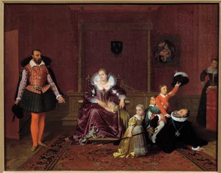 IV. Henrik francia király (1553-1610) gyermekeivel játszik a spanyol nagykövet előtt Középen, Medicis Mária királyné, a gyerekek XIII. Lajos, francia Erzsébet, francia Krisztina és Miklós. Jean Auguste Dominique festménye Ing