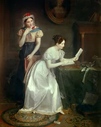 Válasz a levélre Egy fiatal nő siet válaszolni szeretője levelére - Jean Augustin (Jean-Augustin) Franquelin (1798-1839) festménye 19. század V 0,46x0,38 m