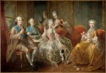 Penthievre hercegének családja 1768-ban vagy „La Tasse de Chocolat”: Penthievre hercegének (1725-1793), fiának, Lamballe hercegének (1747-1768) és Lamballe hercegnőjének (1749) újraegyesített portréi -1792), lányától, Mademoiselle de Penthitől