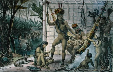 Fesztiválra készülő camacan indián főnök családja, illusztráció a „Voyage Pittoresque et Historique au Bresil” című könyvéből, Jean-Baptise Debret (1768-1848), kiadva Párizsban