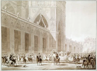 I. Napóleon császár (1769-1821) és Josephine de Beauharnais impresszum (1763-1814) megérkezése a párizsi Cathedrale Notre Dame-ba a Szentnyomat napján Jean Baptiste Isabey „A szentek könyve” után. 1767-1855) 19. század