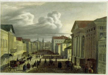 Tverskaya Street Moszkvában (Tverskaya Street Moszkvában). Auguste Jean Baptiste Antoine Cadolie (1782-1849) munkája, litográfia, akvarell színezés
