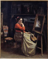 Töprengő fiatal nő, kezében mandolinnal, a festő műtermében Camille Corot festménye (1796-1875) 1865 V. 0,56x0,46 m Párizs, Musee d