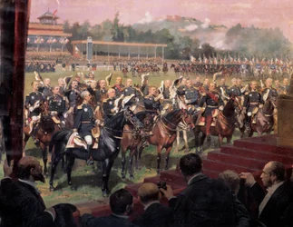 Jules Grevy elnök zászlóosztása Longchampban Leon Gambetta jelenlétében július 14-én