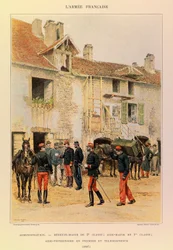 Jules Richard kapitány francia hadseregének típusai és egyenruhái, illusztrálta Edouard Detaille (1848-1912): Adminisztráció: osztály orvos őrnagya; 1. osztály őrnagy segédtisztje; első állatorvosi segédtiszt és távírász 1887-ben, magángyűjtemény.