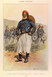 Jules Richard kapitány francia hadseregének típusai és egyenruhái, illusztrálta: Edouard Detaille (1848-1912): Az algériai tuniorok bennszülött tisztje terepruhában 1886-ban, magángyűjtemény