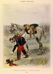 Jules Richard kapitány francia hadseregének típusai és egyenruhái, illusztrálta: Edouard Detaille (1848-1912): Sárkányok trombitája vidéki ruhában 1885-ben, Magángyűjtemény