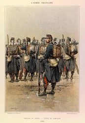 Jules Richard kapitány francia hadseregének típusai és egyenruhái, illusztrálta Edouard Detaille (1848-1912): Magántulajdonban, 1886-ban, a Genie Sapper of the Genie vidéki ruhában, magángyűjtemény.