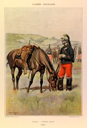 Jules Richard kapitány francia hadseregének típusai és egyenruhái, illusztrálta: Edouard Detaille (1848-1912): Sárkány kis ruhában 1885-ben, Magángyűjtemény