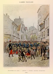 Jules Richard kapitány francia hadseregének típusai és egyenruhái, illusztrálta: Edouard Detaille (1848-1912): Sor gyalogság: Érkezés a színpadra az 1885-ös nagy manőverek során, Magángyűjtemény