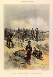 Jules Richard százados francia hadseregének típusai és egyenruhái, illusztrálta: Edouard Detaille (1848-1912): Tüzérségi üteg 1887-ben terepi egyenruhában, Magángyűjtemény