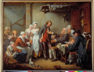 A falusi házassági szerződés. A menyasszony apja átadja a hozományt vejének. Jean-Baptiste Greuze (1725-1805) festménye. 1761. 0,92 x 1,17 m.