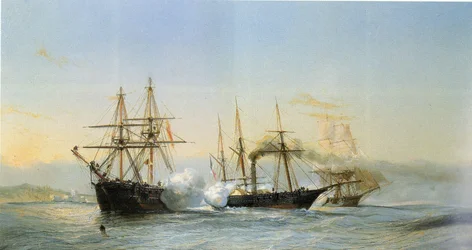 Tengeri ütközet a marokkói partok előtt két marokkói brigg és egy francia kerekes korvett között Mogador francia hajóraj általi bombázása alkalmával 1844-ben.