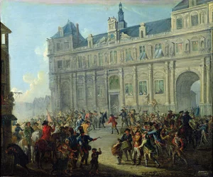 Jacques de Flesselles meggyilkolása a városháza lépcsőjén 1789. július 14.
