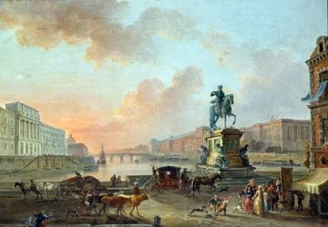 Kilátás a Monnaie-ra, a Pont Royalra és a Louvre-ra a Pont Neufról 1775 körül Jean Baptiste Lallemand (1710-1803) festménye 1775 V. 0,53x0,64 m Párizs, Musee Carnavalet
