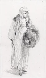 Orosz nő szőrmuff le Prince, Jean-Baptiste (1734-1781), 1758 és 1761 között - Fekete kréta papíron, 22,9x13,8 - Magángyűjtemény