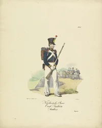 A holland kelet-indiai hadsereg tüzére, 1820-1825 Holland Armée Kelet-indiai Tüzérség (cím a tárgyon) A Holland Királyság katonai jelmezei. Őexcellenciájának, Willem van Bylandtnak szentelve (a sorozat címe a tárgyon)