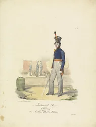 Tüzértiszt, 1820-1825; Holland hadsereg, a Nemzeti Milícia tüzértisztje (cím a tárgyon); A Holland Királyság katonai viseletei. Willem van Bylandt őexcellenciájának ajánlva (sorozatcím a tárgyon)